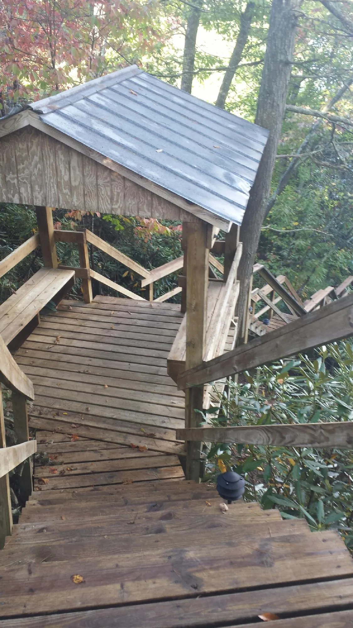 Metal roofed shelter over wooden steps on a wooded walkway — Skylight Repair & Installation work by our crew in Raymore
